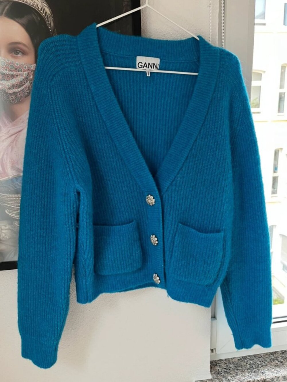 Ganni Blue Glitter Button Knit Cardigan Size M